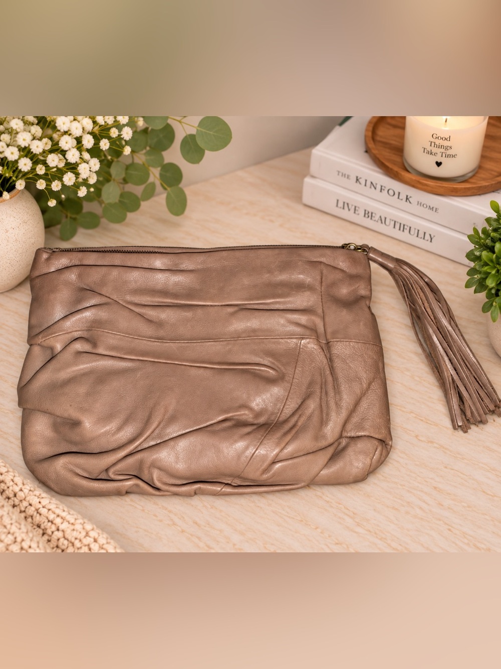 HOBO Taupe Leather Oversized Clutch Wristlet Tassel Organizer